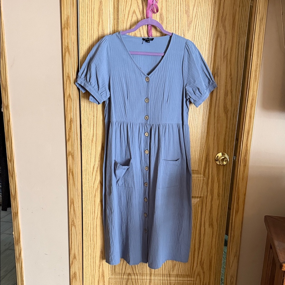 Rachel Blue V-Neck Midi Dress with Pockets